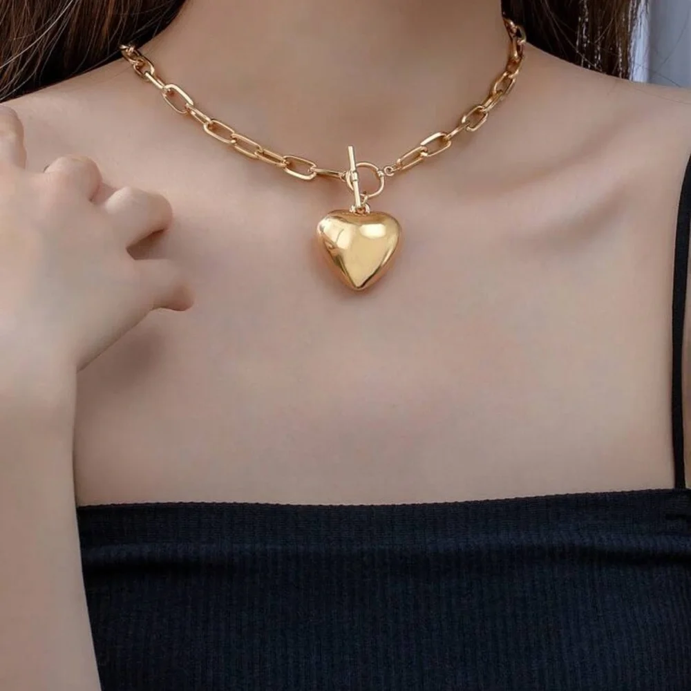 Chunky Chain OT Necklace With Large Smooth Surface Heart For Women - Picture 2 of 5